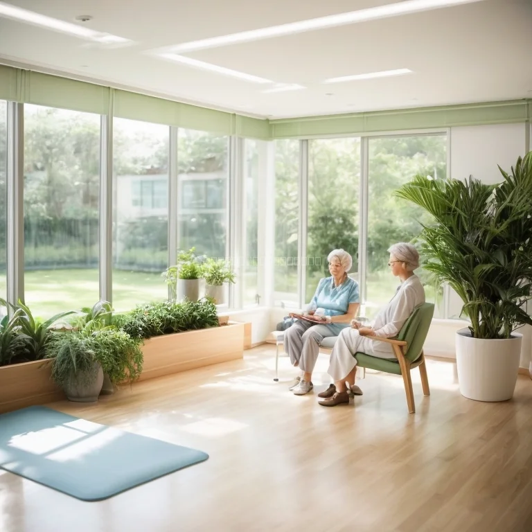 Seniors participating in group yoga session with instructor at Eldarion